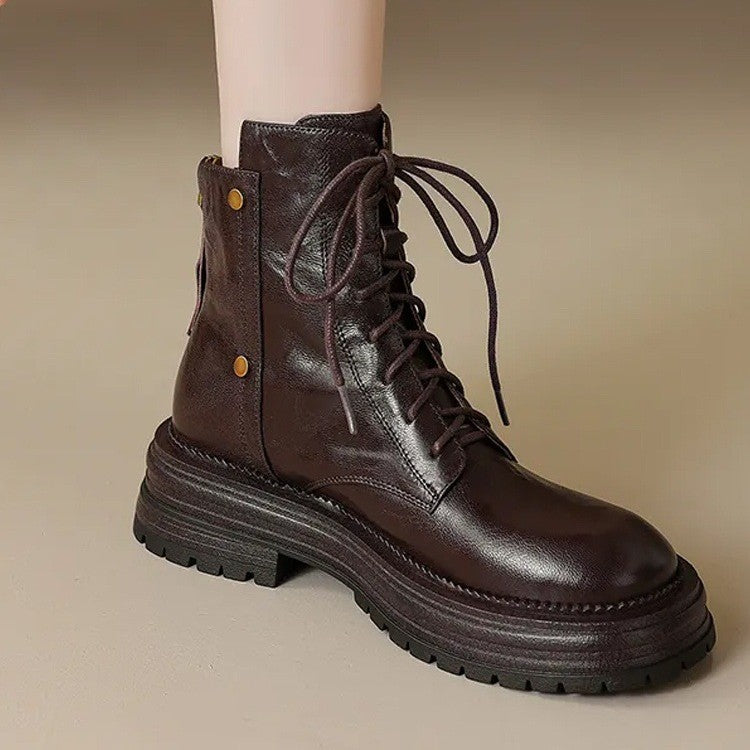 Women's Lambskin Ankle Boots with Chunky Sole – Lace-Up Boots