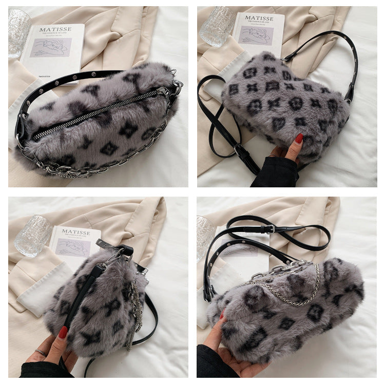 Plush Shoulder Bag Women Winter Floral Handbag Elegant