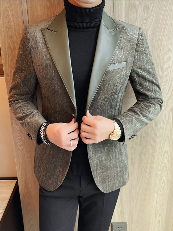 Men's Jacquard Velvet Blazer with Leather Lapels – Luxury Elegant Jacket