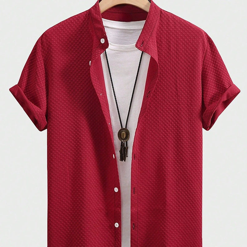 Men's Stand-Up Collar Shirt | Summer Short Sleeve Plain Breathable