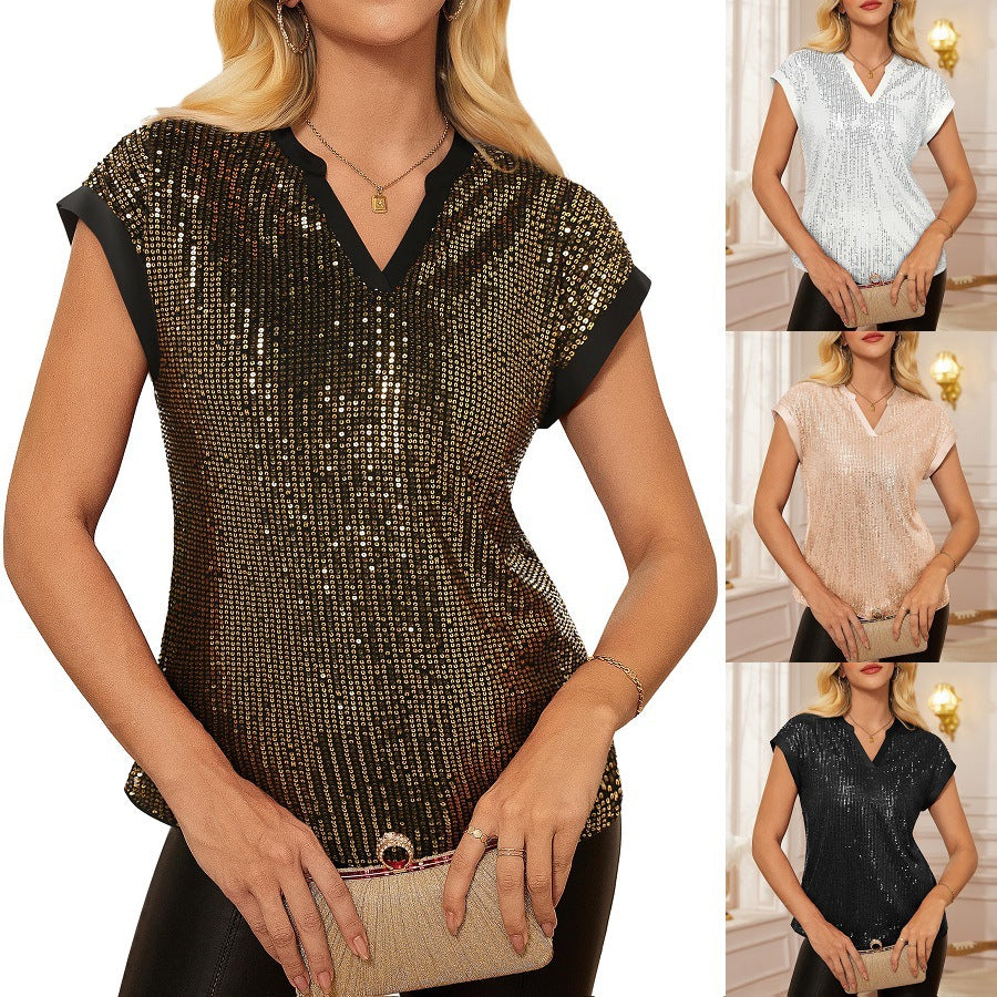 Damen Pailletten Top mit V-Ausschnitt – Kurzarm Party Glamour