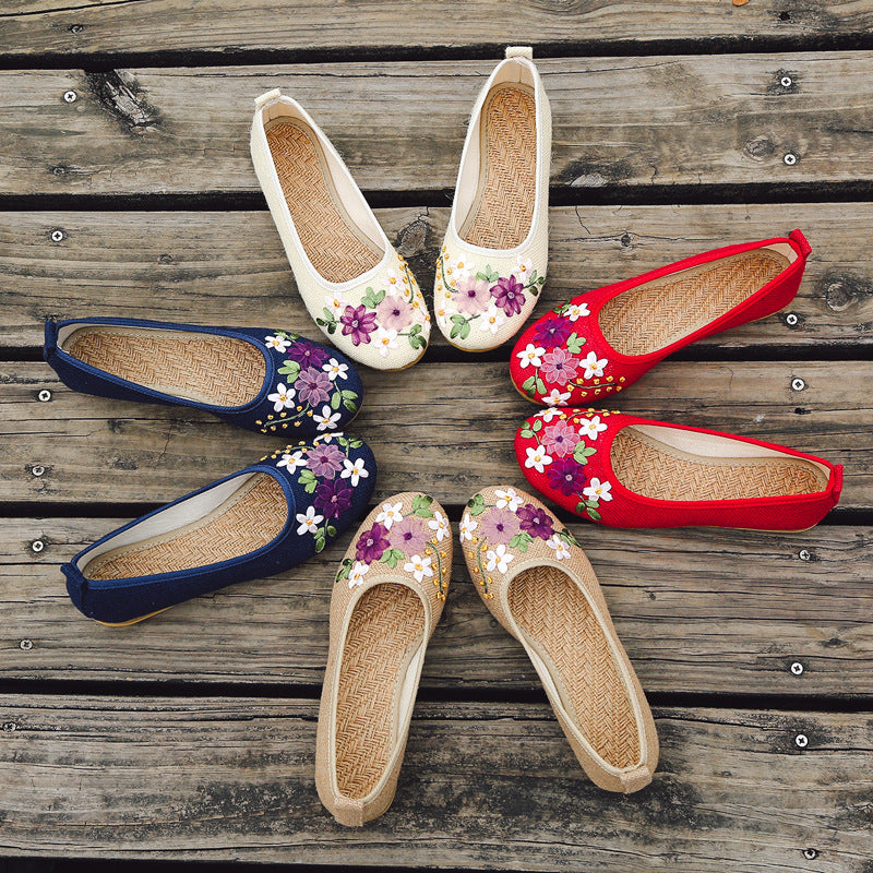 Damen Leinen Ballerinas Ethno Stil | Bestickte Flats