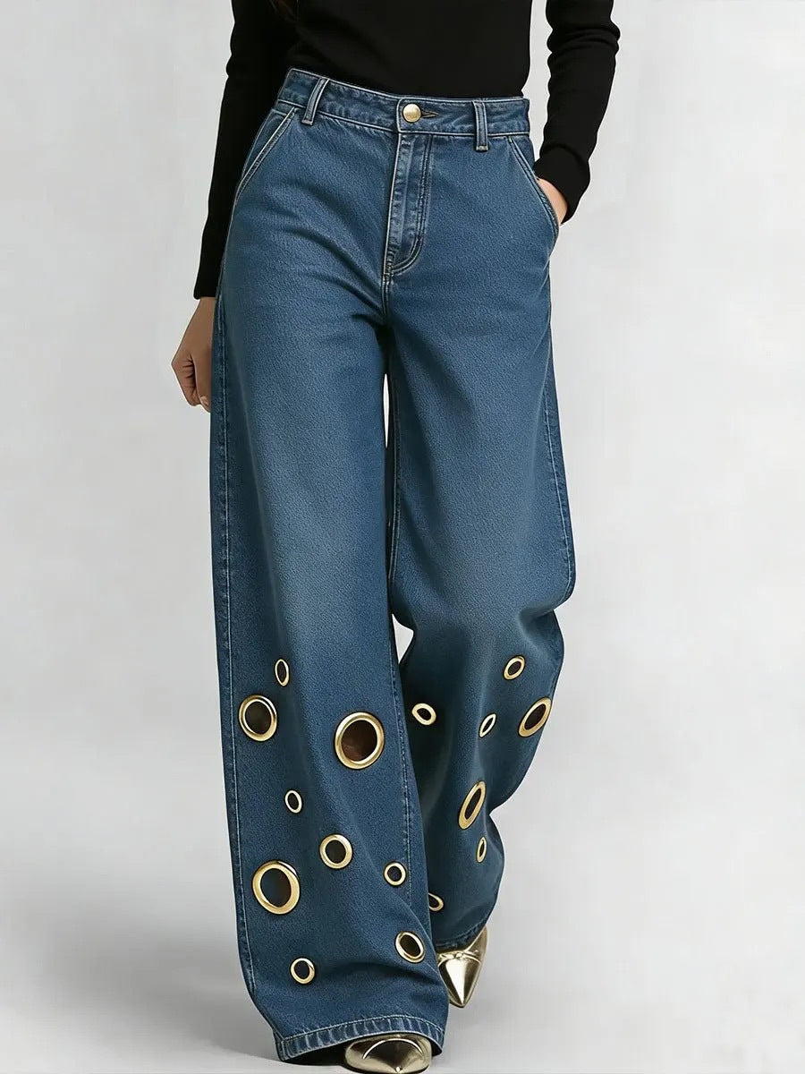 Women's High Waisted Loose Fit Jeans with Cut-Outs & Metal Eyelets