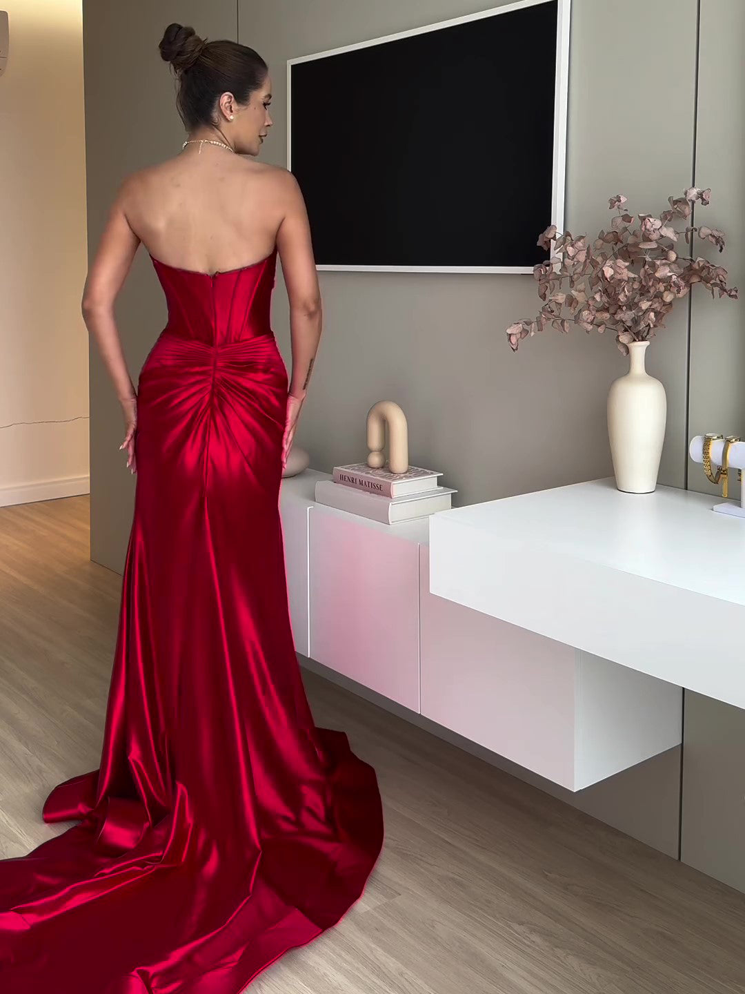 Women's Elegant Red Evening Dress | Bandeau Dress with Slit