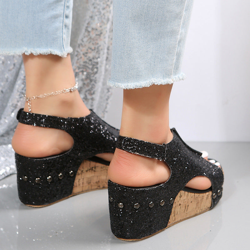 Damen Keilsandalen Chunky | Pailletten Klett Sommer Schuhe