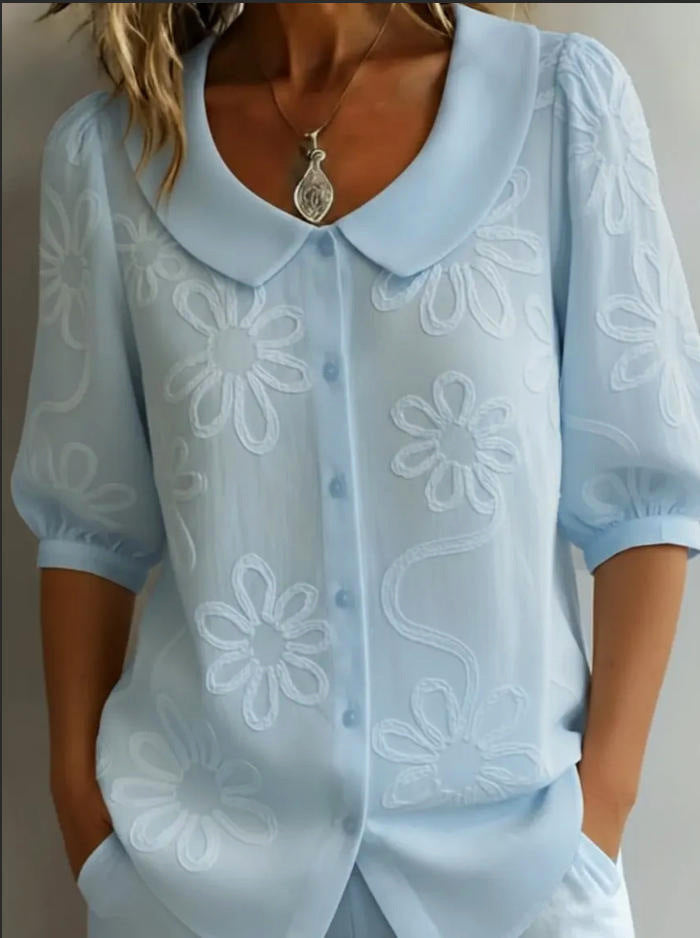 Retro Women's Blouse with 3D Floral Embroidery – Loose, Button Placket & Elegant
