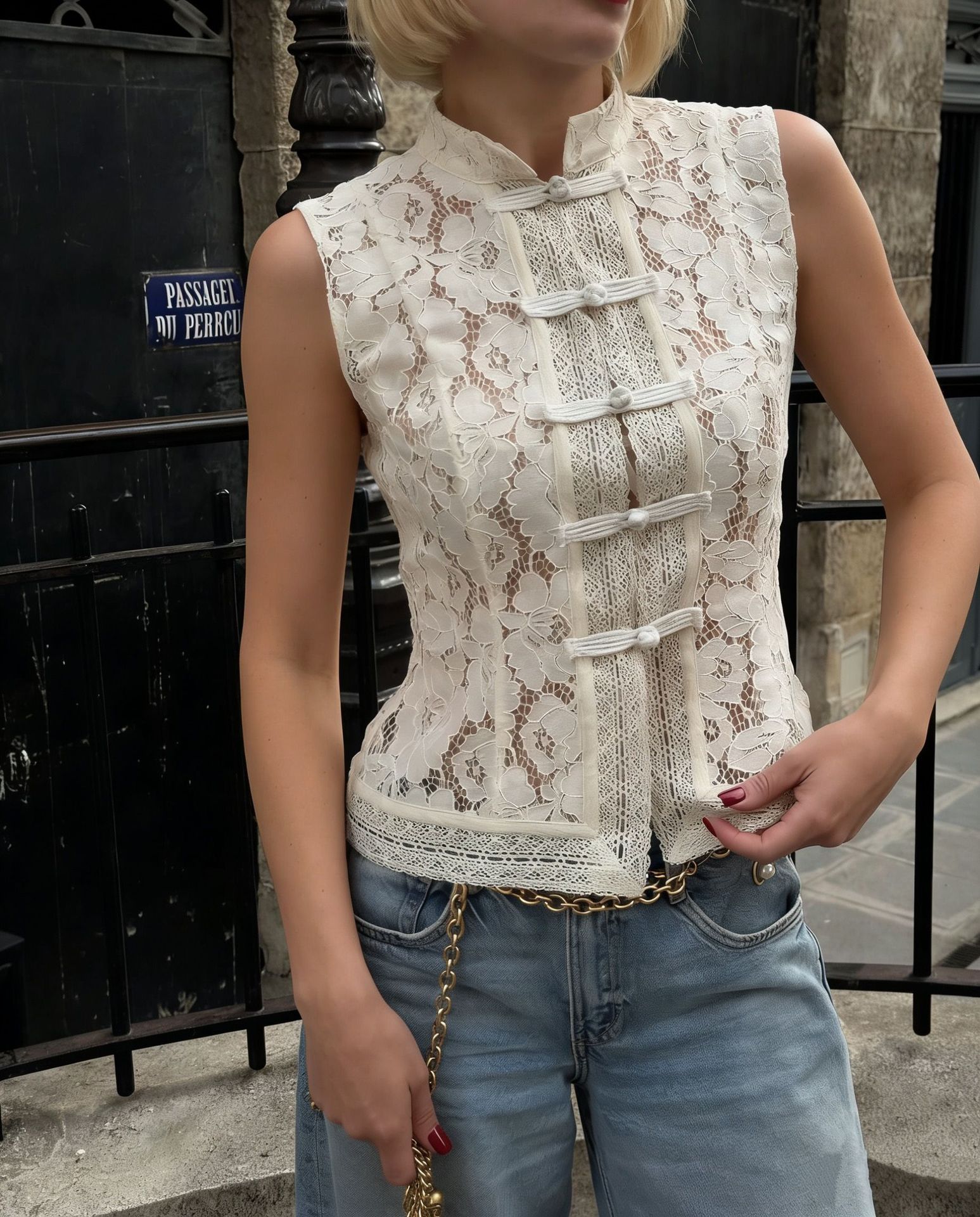 Elegant Women's Lace Top - Stand-Up Collar, Sleeveless & Figure-Hugging