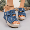 Women's Denim Mule Sandals – Block Heel Slip-On with Buckle