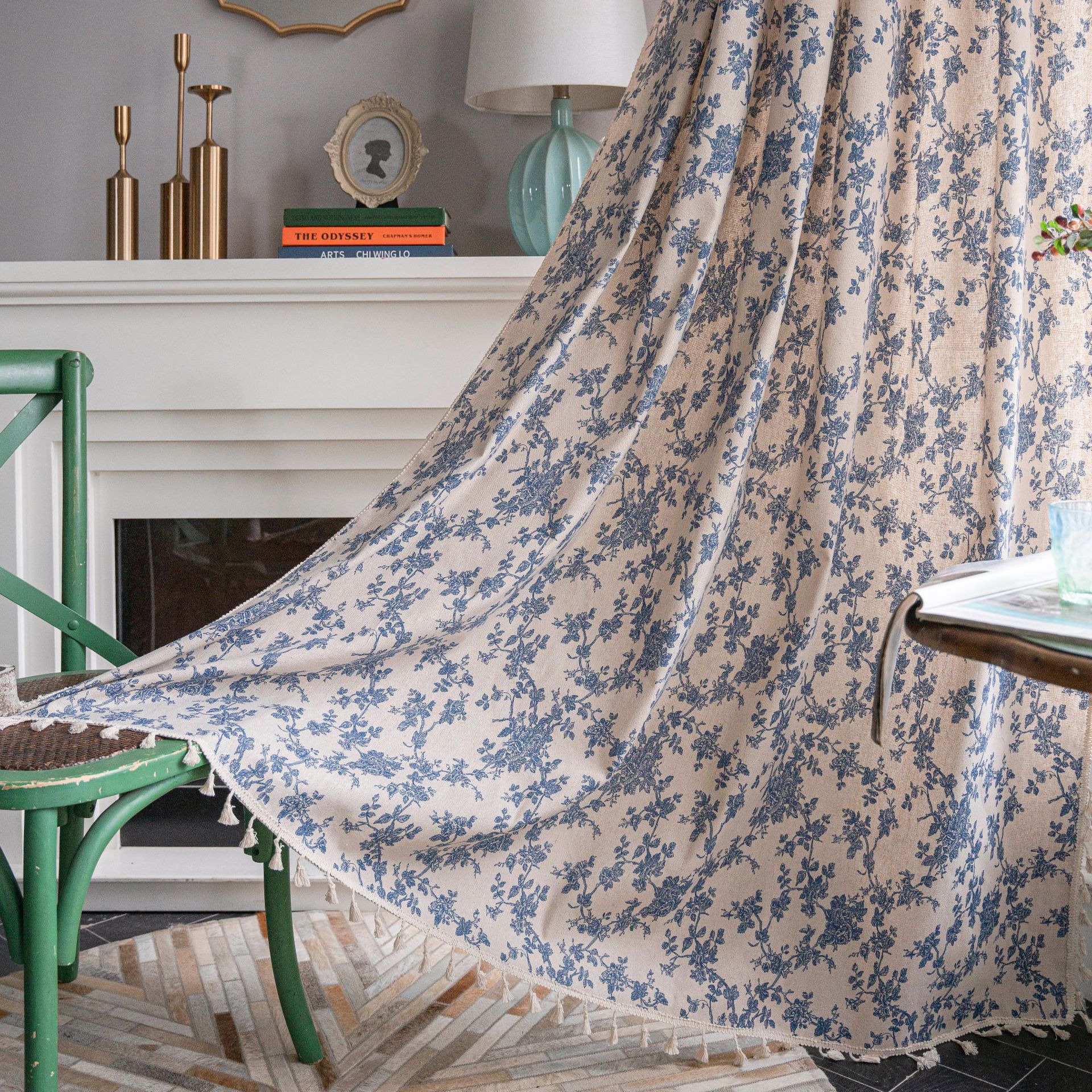Bistro Gardine Baumwolle Leinen | beige Print Quasten Küche