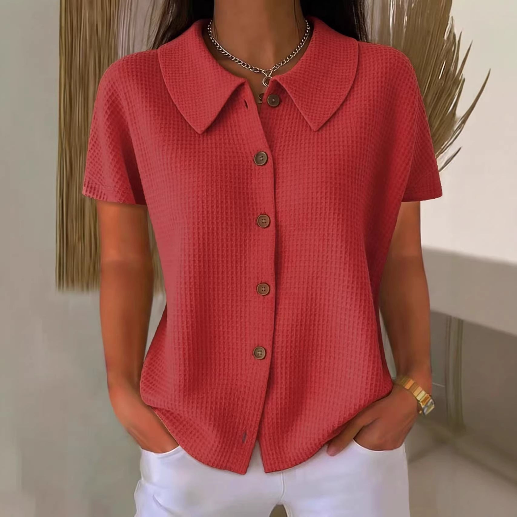 Women's Short-Sleeve Blouse with Collar – Waffle Texture, Loose & Summery