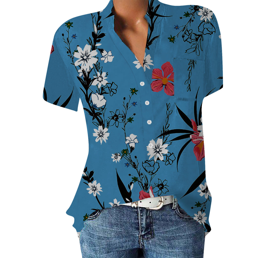 Women's Floral Print V-Neck Blouse | Summer Short Sleeve Shirt