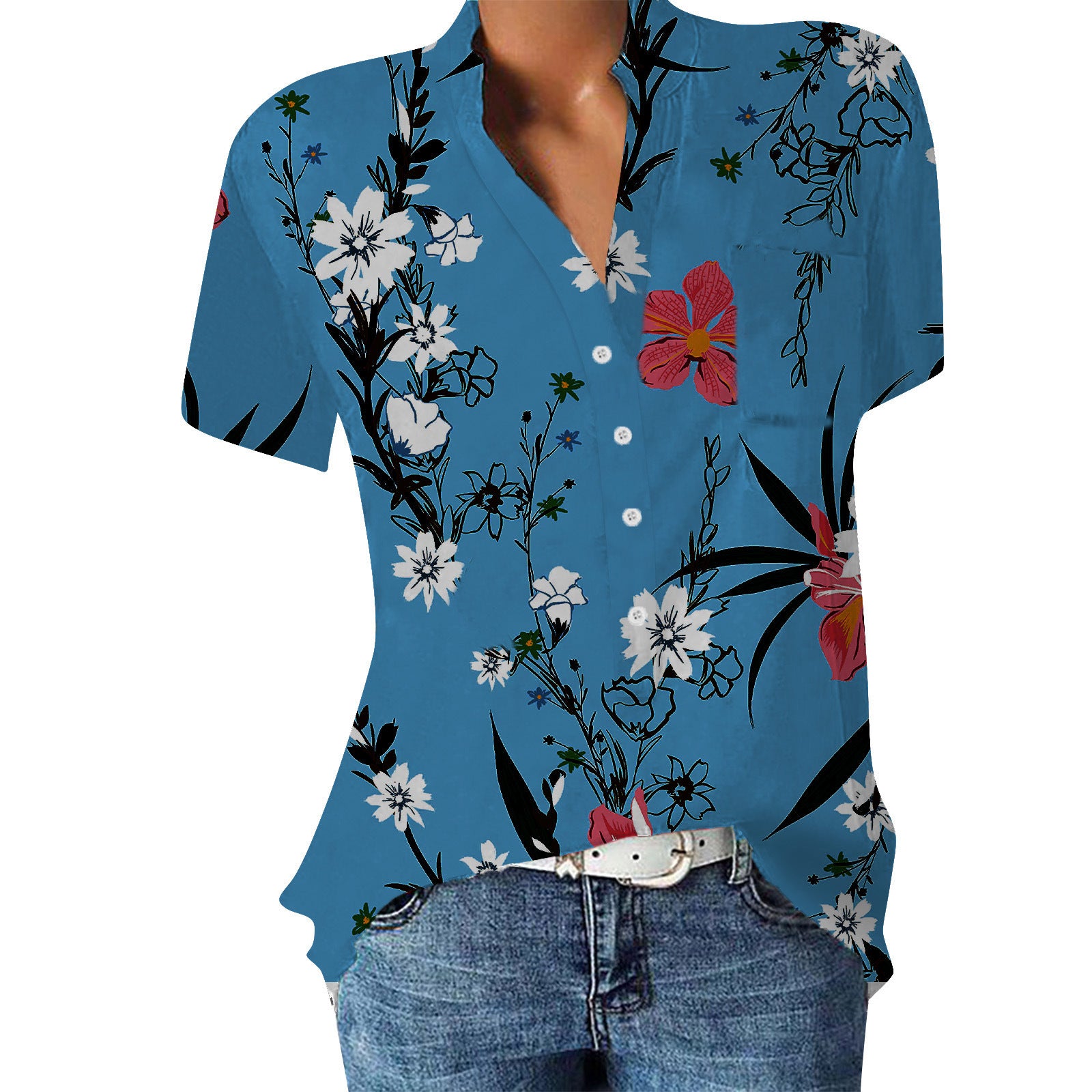 Damen Blumenprint Bluse V-Ausschnitt | Sommer Kurzarm Shirt