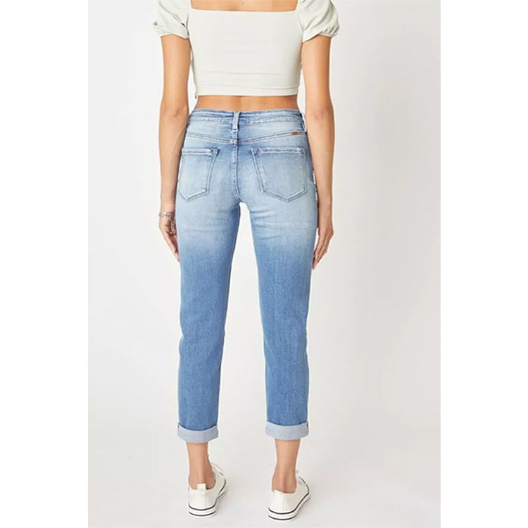 Women's Slim Fit Straight Leg Jeans – Ripped Cuffed Denim Pants