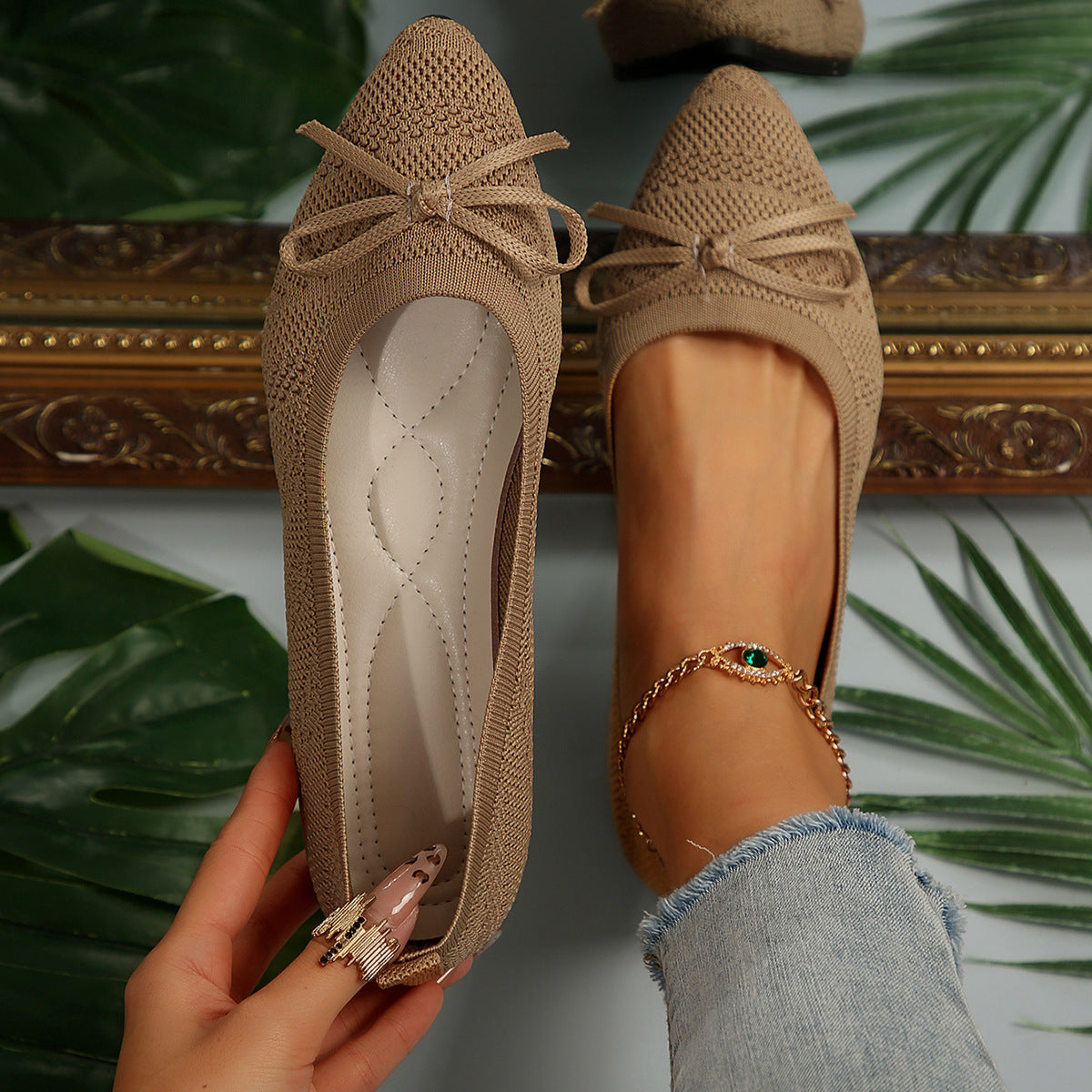 Women's knitted loafer elegant | pointed flats with bow