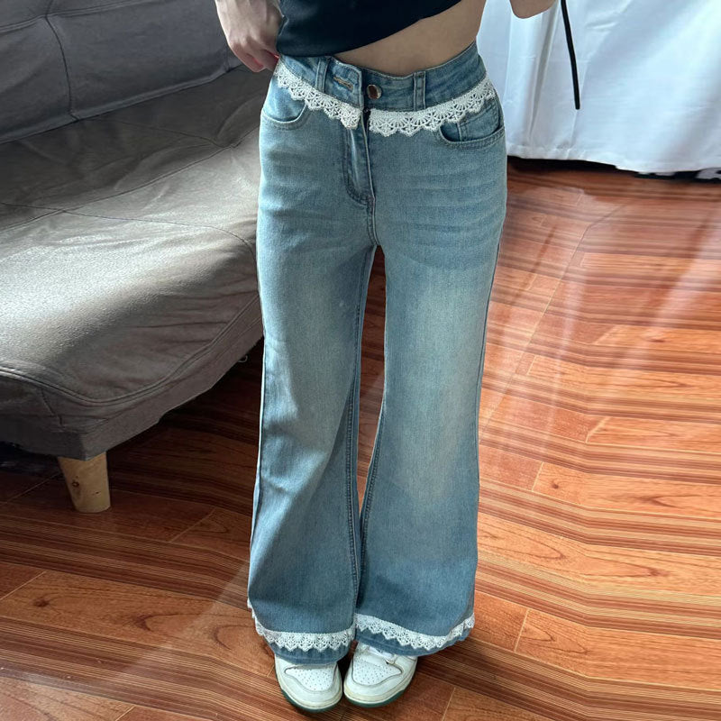 Women's Bell-Bottom Jeans with Lace | Patchwork Flared Denim Pants
