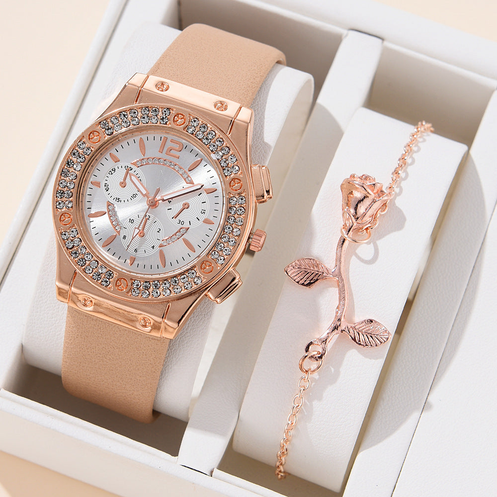 Korean Style Diamond-Embedded Fashion PU Strap Watch