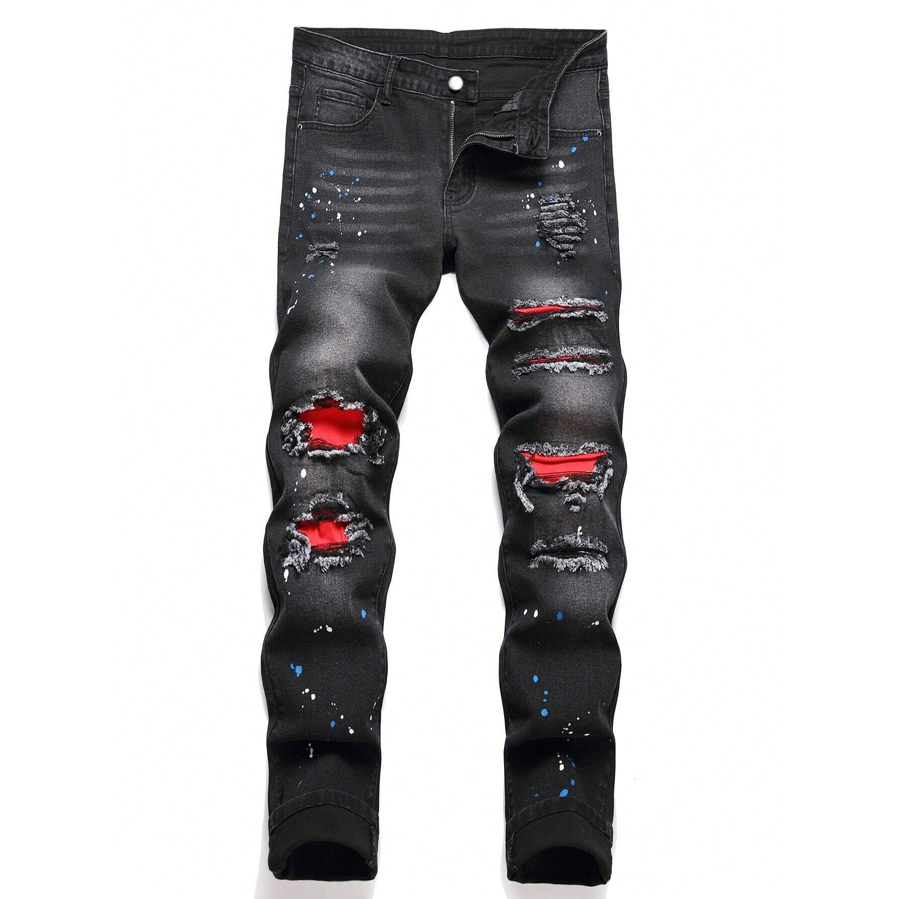 Men's Ripped Black Jeans – Fashionable Straight Leg Denim Trousers