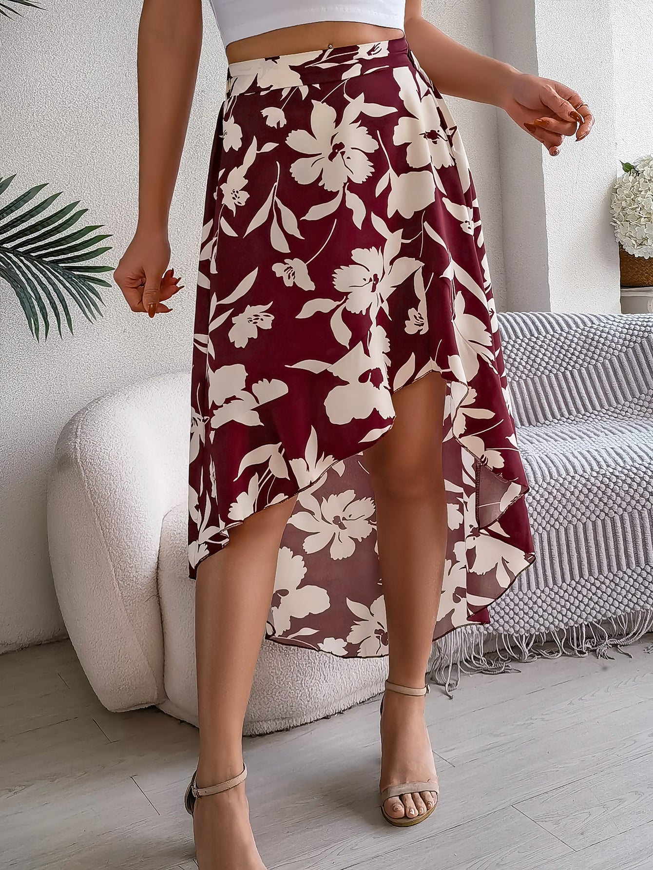 Eleganter Blumenprint Midirock – Asymmetrischer Rüschen Damen Rock
