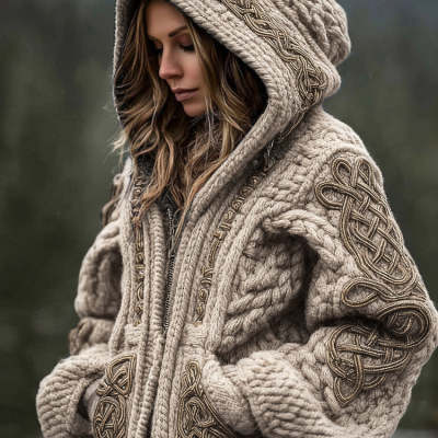 Damen Kapuzen Strickjacke mit Print – Reißverschluss Hoodie Cardigan