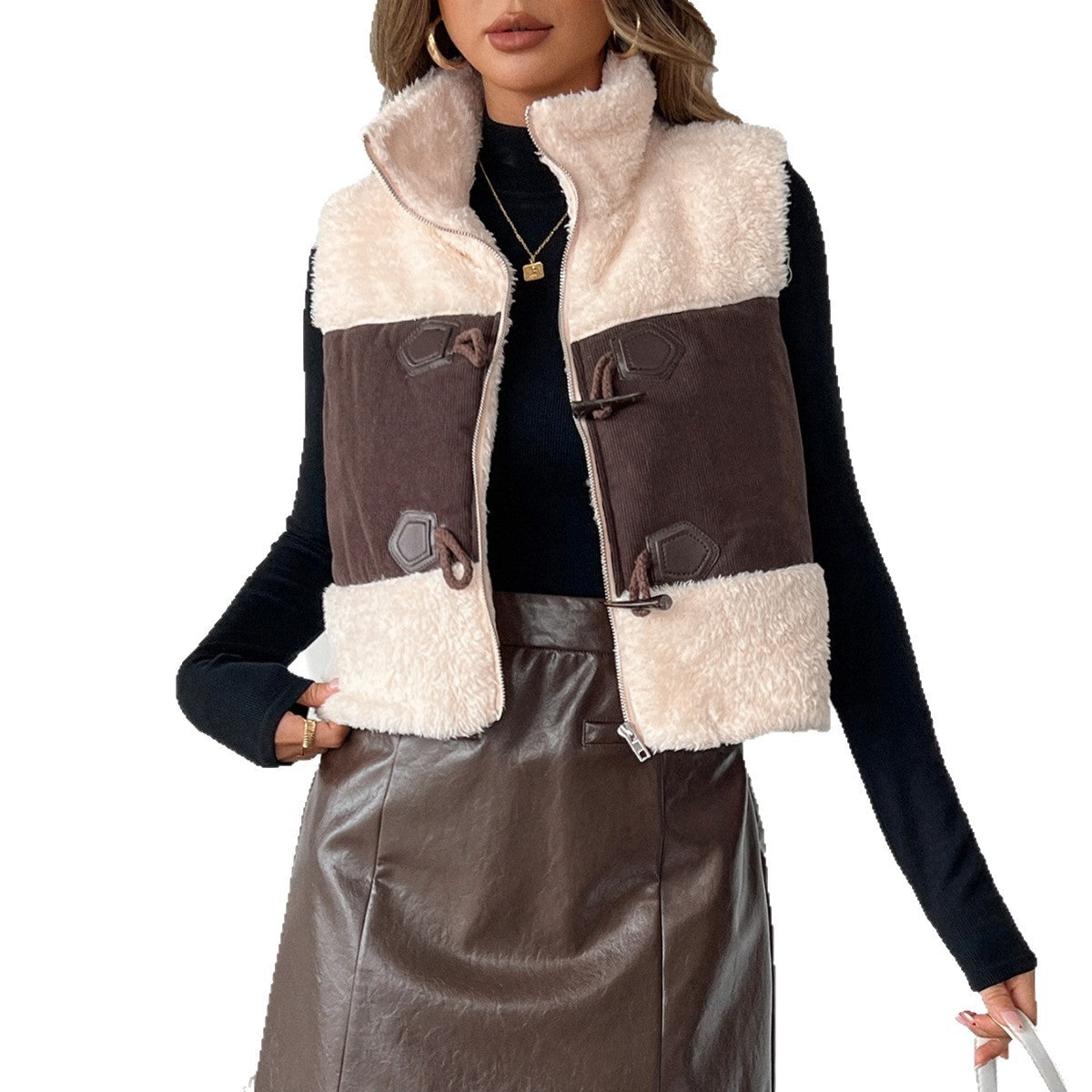 Damen Lammwoll-Weste Colorblock – Leder-Details & Warm Gefüttert