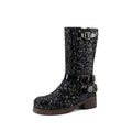 Women's Leather Mid-Calf Boots – Elegant Sequin Buckle Boots