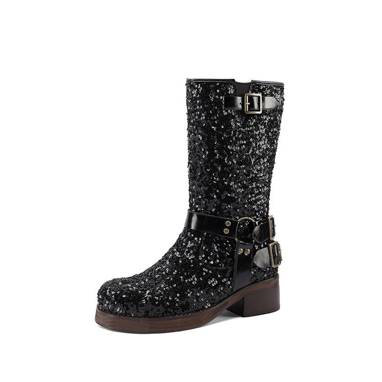 Damen Leder Mid Calf Boots – Elegante Pailletten Schnallen Stiefel