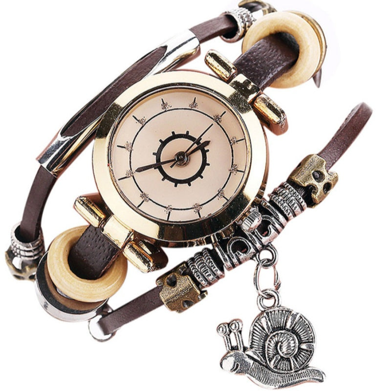Vintage Ladies' Wristwatch, Curved Leather Strap, Snail Pendant