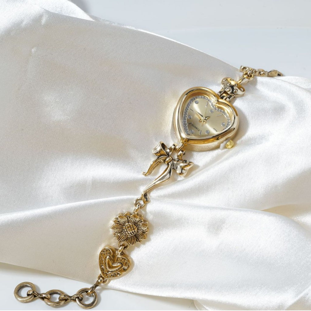 Women's Vintage Heart Jewelry Watch – Gold Bow & Floral Design