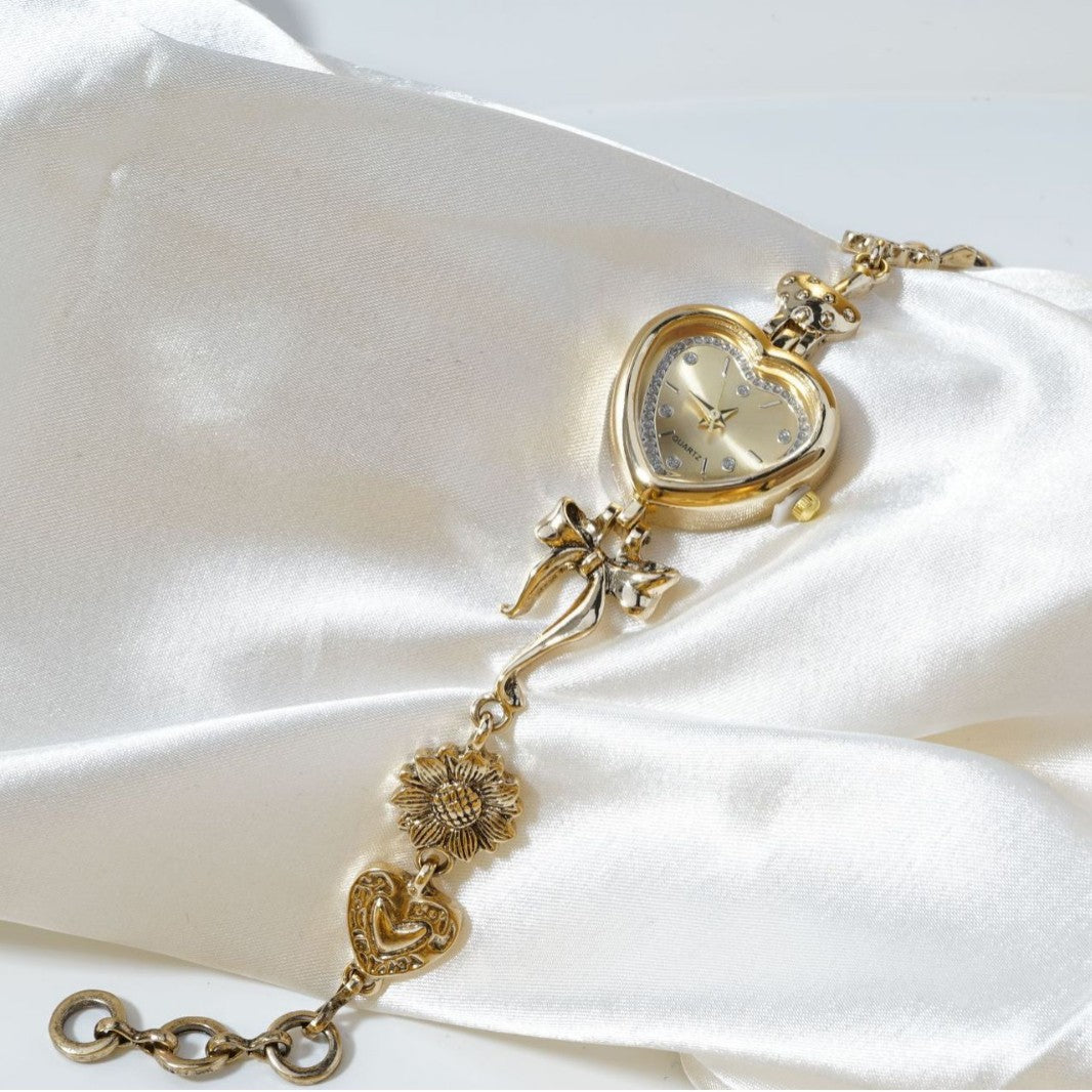 Women's Vintage Heart Jewelry Watch – Gold Bow & Floral Design