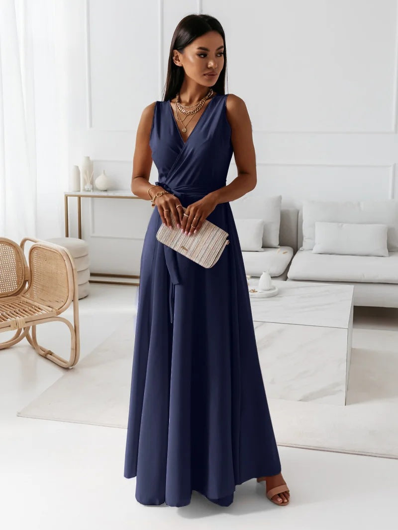 Elegant V-Neck Maxi Dress – Sleeveless Dress with Belt for Party & Evening