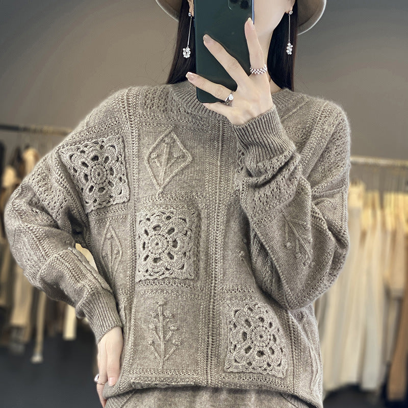 Elegant Wool Sweater with Crochet Pattern - Women's Round Neck Knitted Pullover