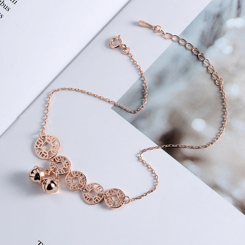 Roségold Boho Fußkettchen mit Glöckchen & Münzanhängern – Elegant