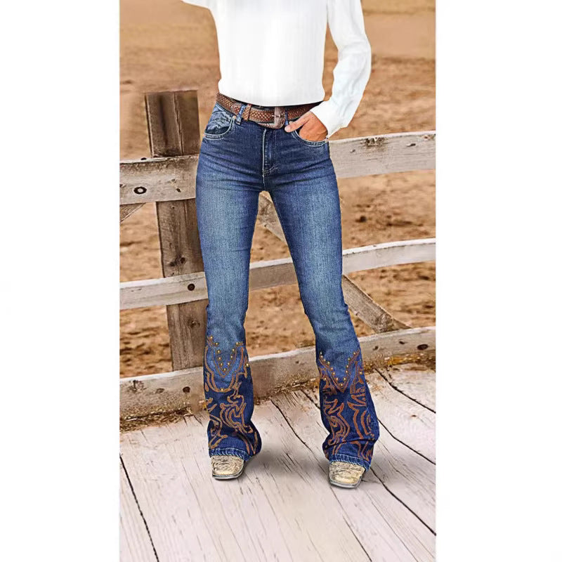 Women's Retro Stretch Jeans with Pearl Embroidery – Elegant Denim Pants