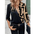 Fashionable Women's Black Blouse with V-Neck – Patchwork & Casual Chic