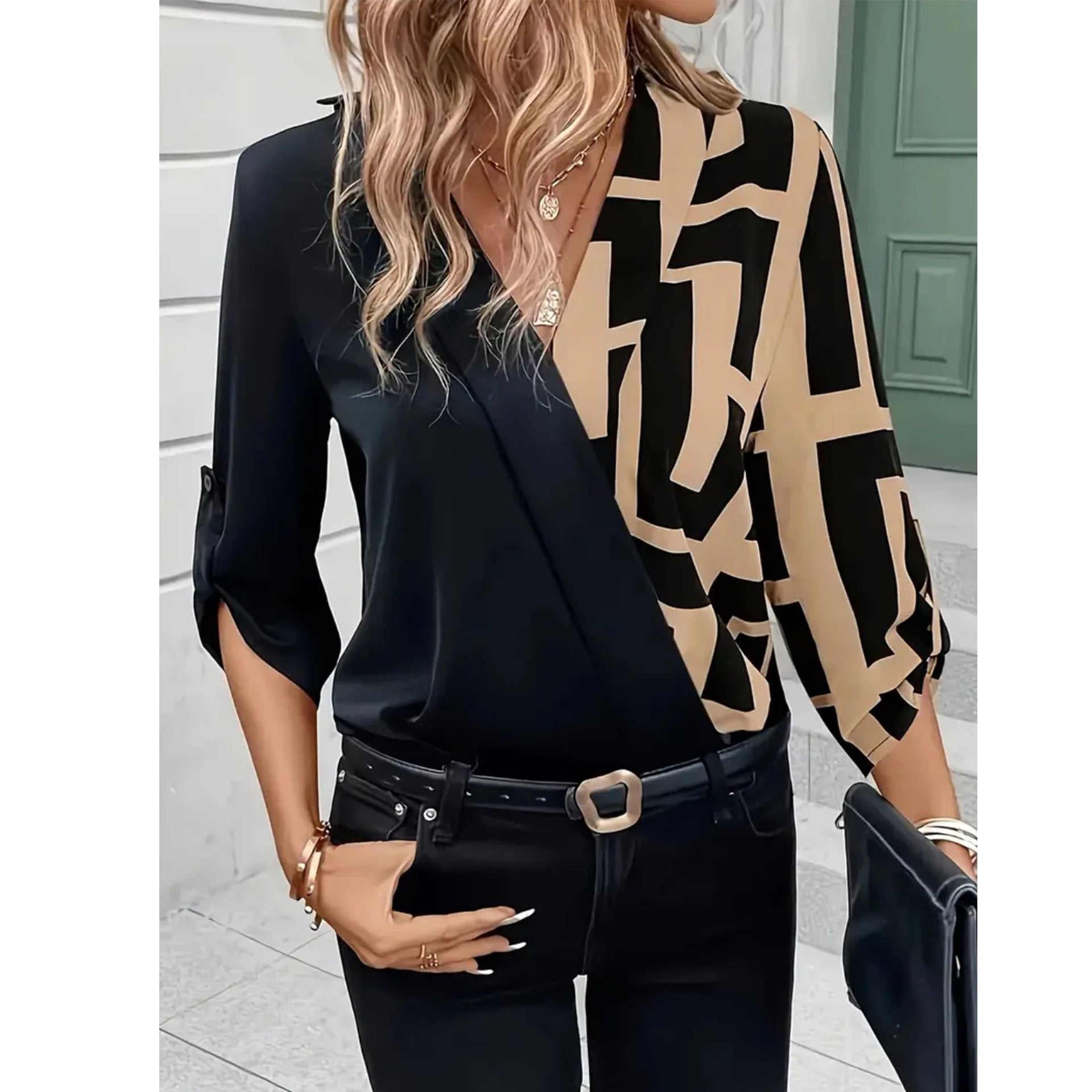 Fashionable Women's Black Blouse with V-Neck – Patchwork & Casual Chic