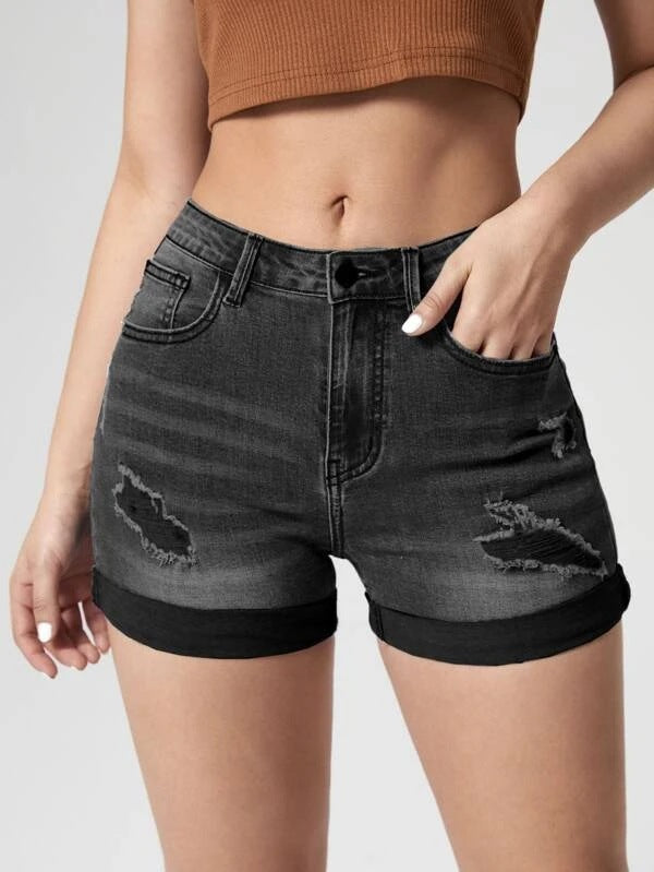 Damen High Waist Denim Shorts Stretch ripped Sommer trendig