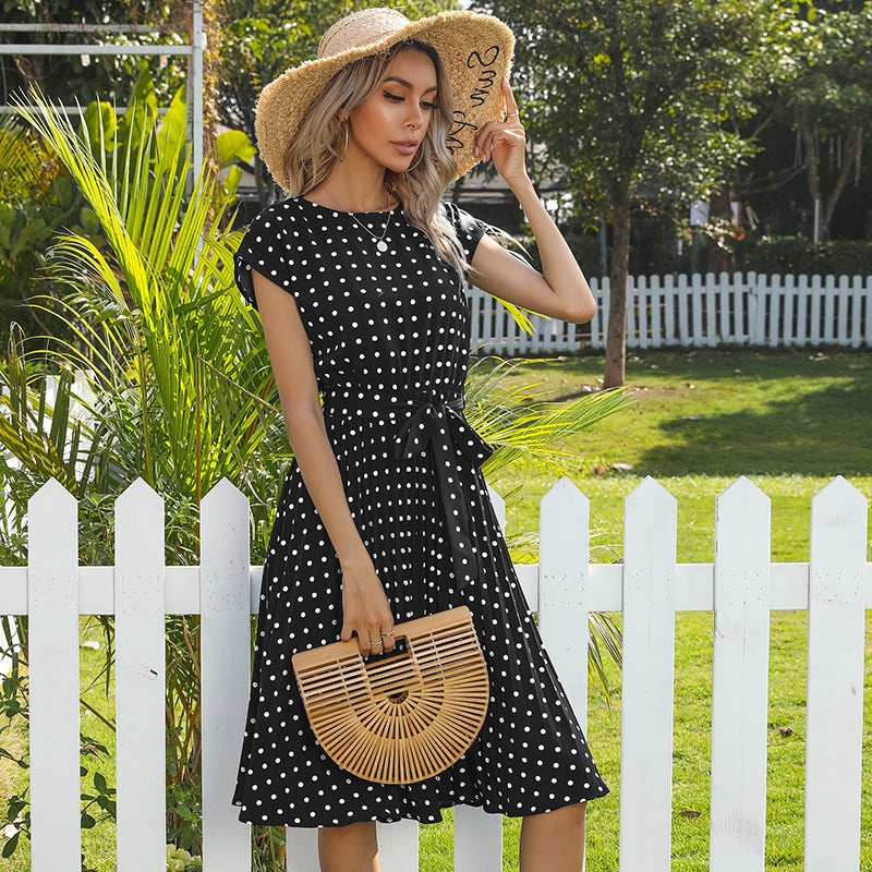 Elegant Polka Dot Midi Dress – Short Sleeve Dress with Belt for Office & Party