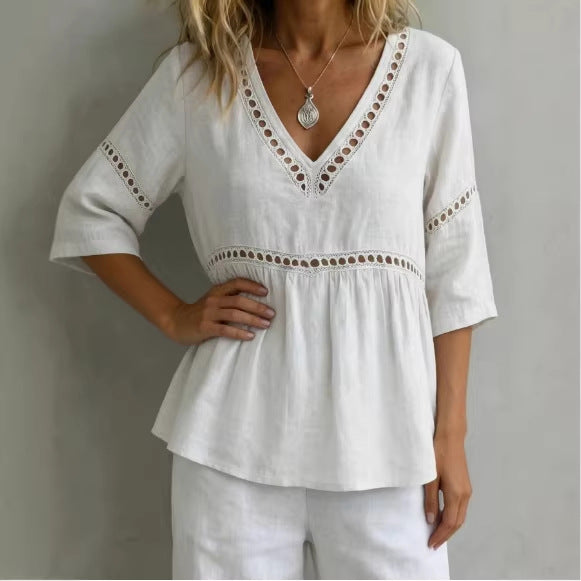 Women's V-Neck Top with Cut-Out – Fringes, Loose & Trendy