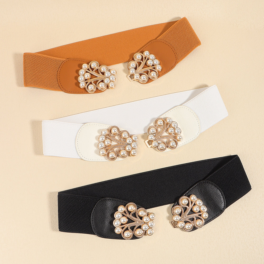 Women's Stretch Belt Wide | Elastic Pearl Buckle Elegant