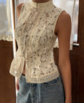 Elegant Women's Lace Top - Stand-Up Collar, Sleeveless & Figure-Hugging