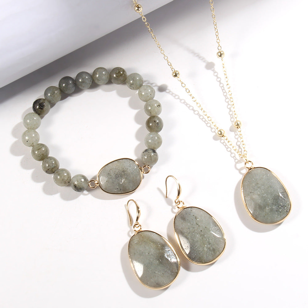 Golden Jewelry Set with Natural Stone – Necklace, Bracelet & Earrings for Women
