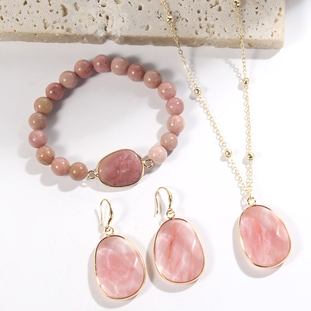 Golden Jewelry Set with Natural Stone – Necklace, Bracelet & Earrings for Women
