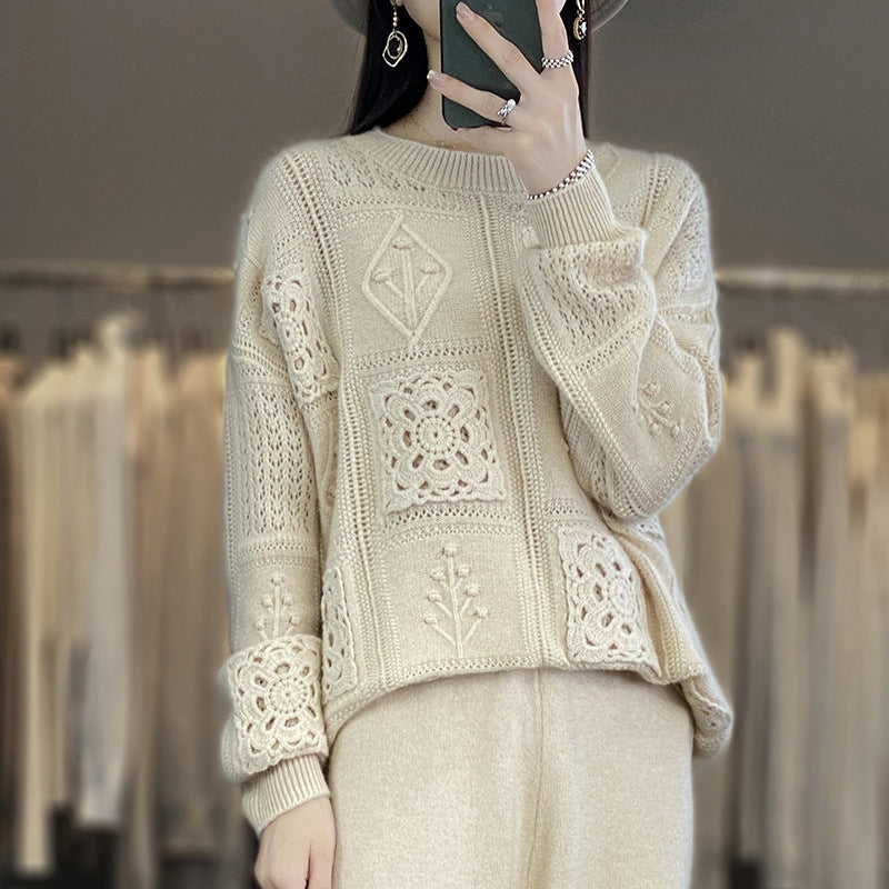 Elegant Wool Sweater with Crochet Pattern - Women's Round Neck Knitted Pullover