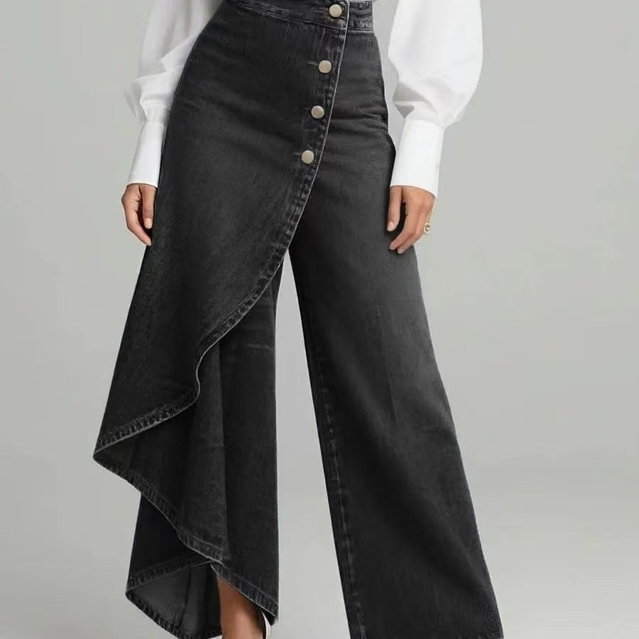 Women's Denim Skort with Button Placket – Washed Look Skirt Shorts