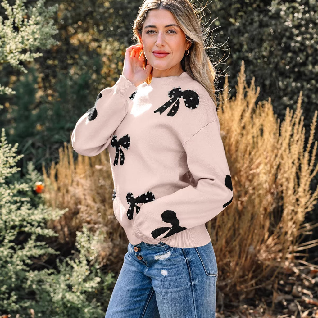 Women's Knitted Sweater with Pearls – Print Crewneck Elegant & Trendy