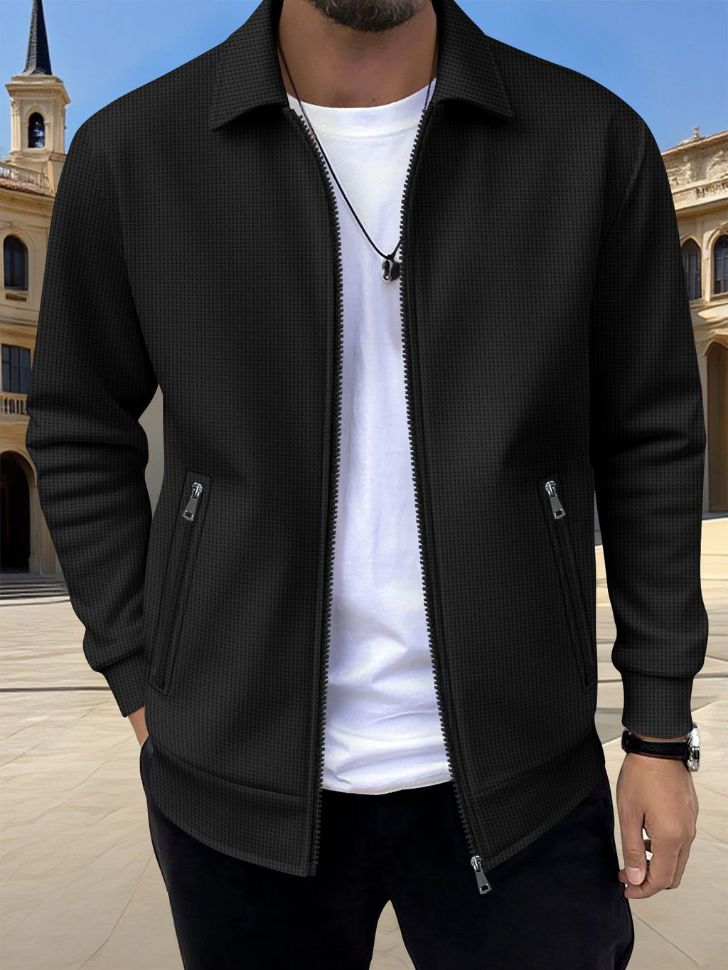 Men's Solid Zip Jacket – Stylish Long Sleeve Jacket with Pockets