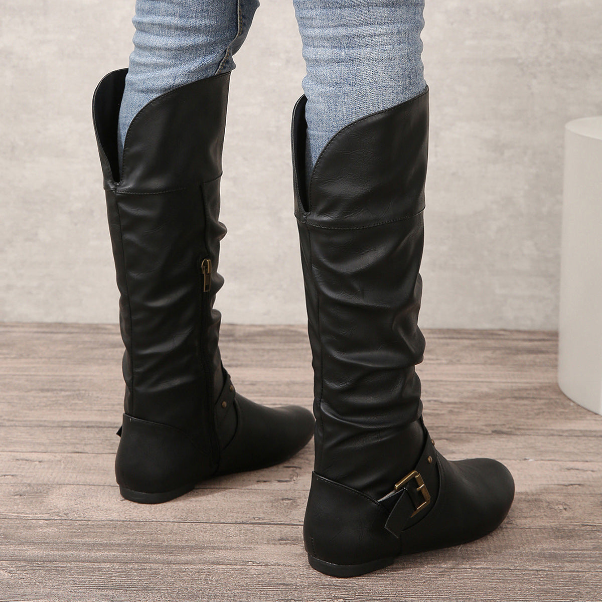 Damen Retro Leder Boots – Runde Spitze mit Schnallenriemen