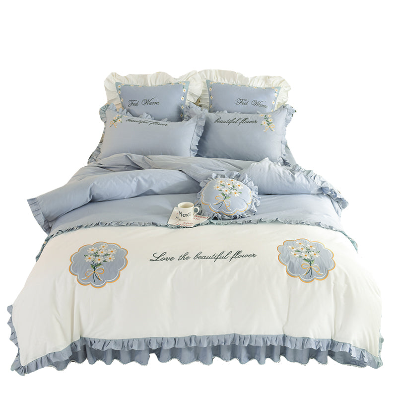 Baumwolle Bettwäsche 4-teilig | Rüschen & Stickerei Blumen Design