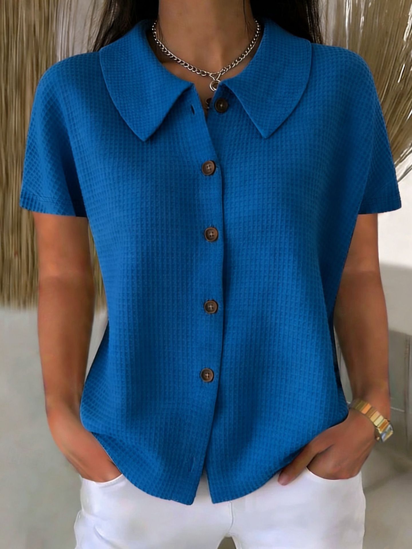Women's Short-Sleeve Blouse with Collar – Waffle Texture, Loose & Summery