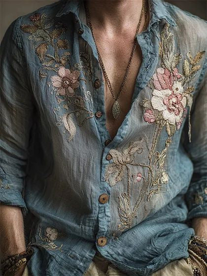 Men's Retro Shirt | Long Sleeve Floral Print Casual Look